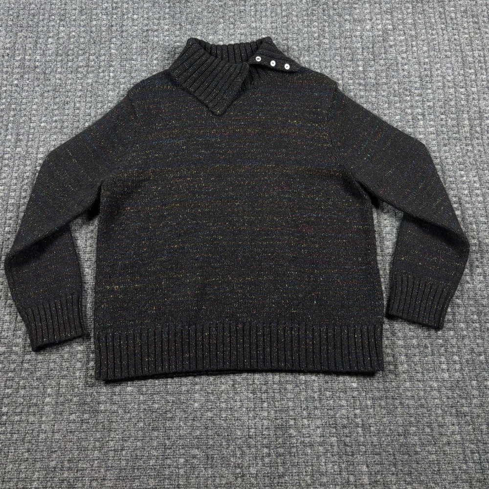 VTG Karen Scott Button Mock Neck Confetti Knit Wool Blend Sweater XL Black Multi